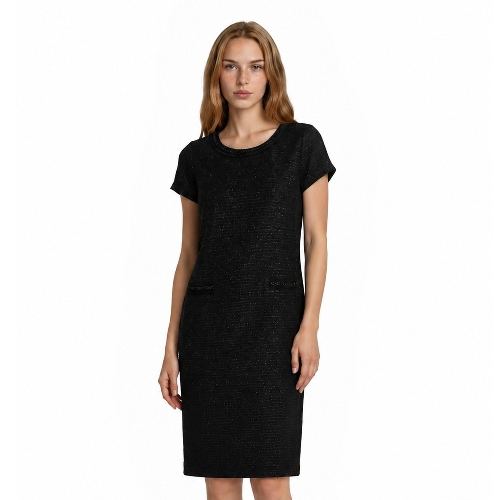 New Talbots Tweed Sheath Dress Women's Size 16P Black Beaded Metallic Sleeve